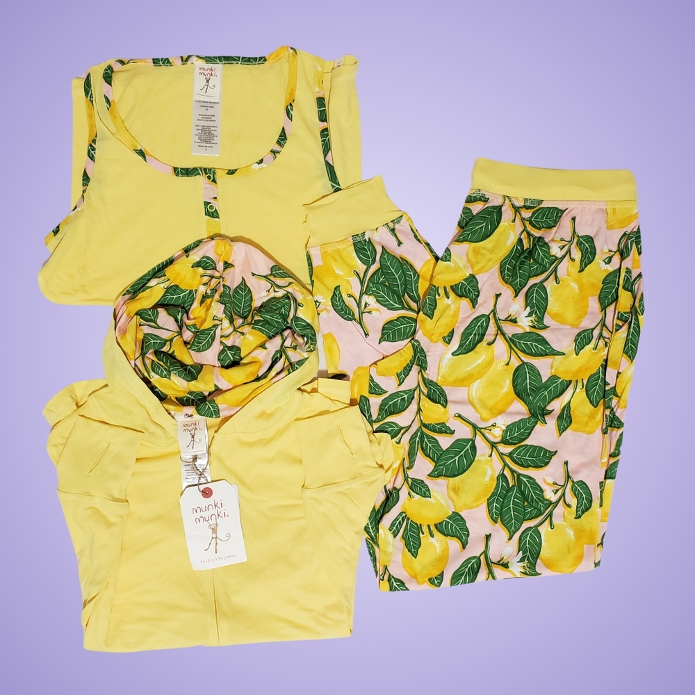 Munki Munki Lounge Set Joggers, Tank, Hoodie 3-Piece Lemons Yellow Jersey Knit🍋